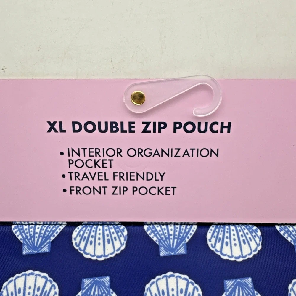 Dabney Lee XL Double Zip Pouch Navy Blue Seashell Travel Organizer Pouch NEW
